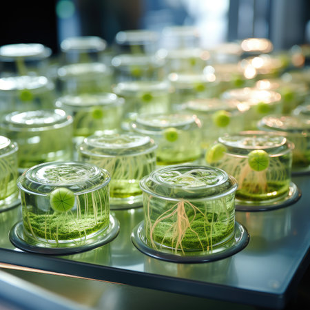 Laboratory test tubes with green sprouts in the scientific laboratory.の素材