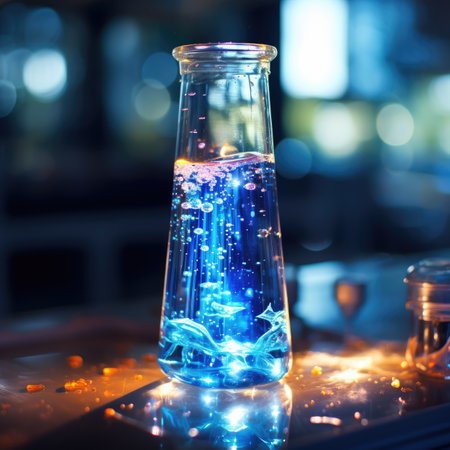 Laboratory glass flask with blue glowing light inside. Abstract background.の素材