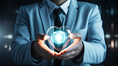 Businessman holding heart hologram in his hands.の素材