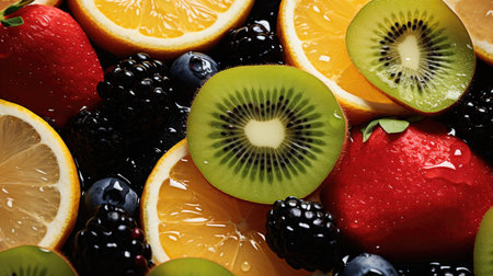 Mix of fresh fruits and berries as a background. Top view.の素材