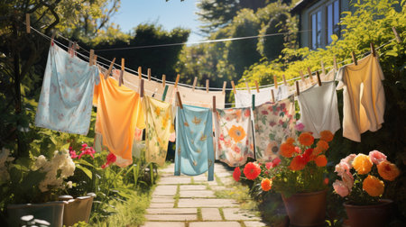 Laundry drying on a clothesline in the garden on a sunny dayの素材