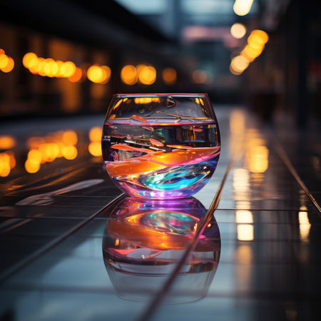 Glass of water with ice cubes on the background of the night cityの素材