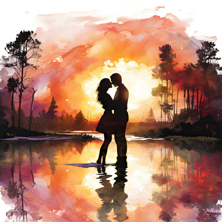 Silhouette of romantic couple in love on watercolor background.の素材