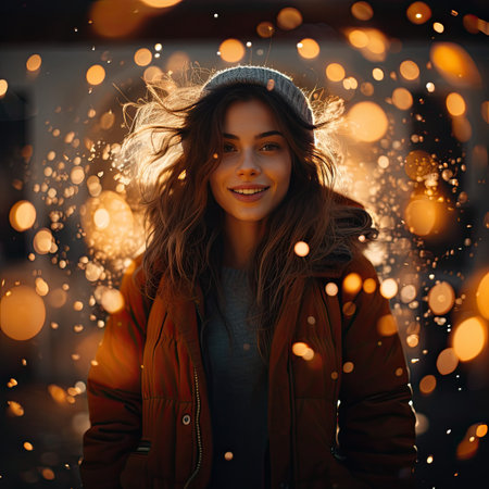 Portrait of a beautiful young woman in a warm jacket and hat.の素材