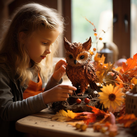 Little girl playing with autumn leaves and owl sitting at the table.の素材