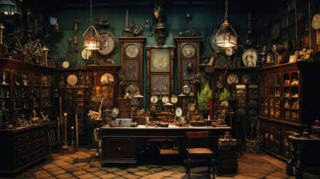 Vintage interior of an old shop with antique items. Retro style.の素材