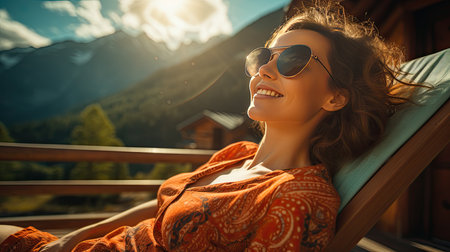 Portrait of a beautiful young woman relaxing on a sun lounger in the mountains.の素材