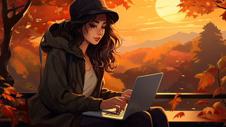 Young woman working on laptop in the autumn forestの素材