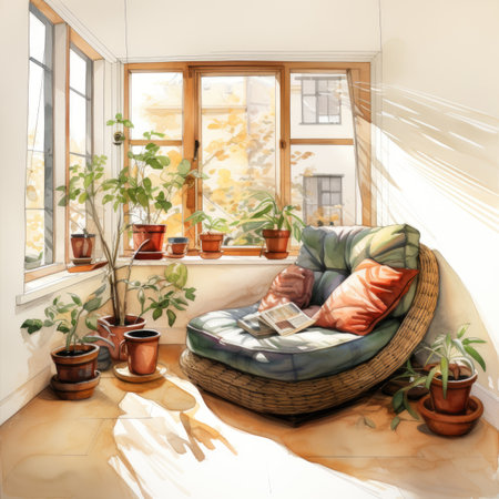 The interior design of a living room with a sofa, plants and a windowの素材