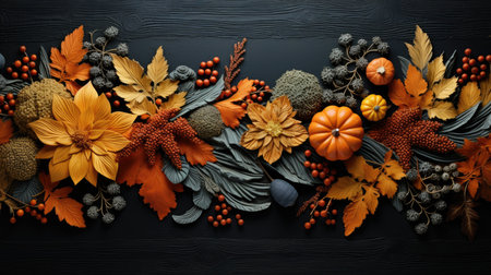 Autumn composition with pumpkins, leaves and berries on black wooden backgroundの素材
