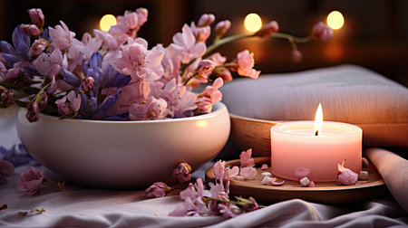 Composition with burning candle, books and flowers on table, closeupの素材