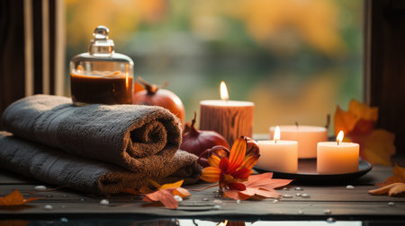 Spa still life with towels, candles and pumpkin on wooden tableの素材