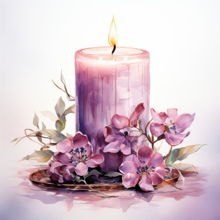 Burning candle with pink flowers and eucalyptus branchesの素材