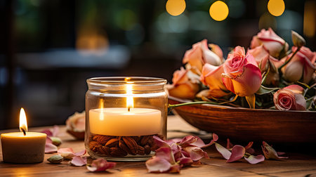 Candles in a bowl with roses and pecans on wooden tableの素材