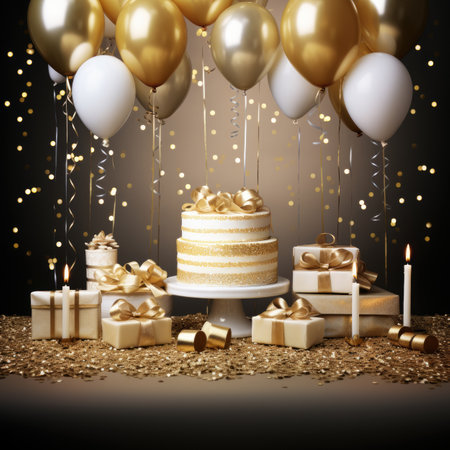 Birthday cake with golden balloons, gift boxes and confetti on dark backgroundの素材