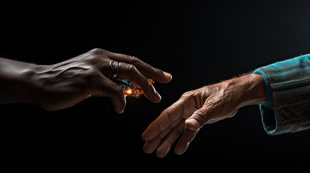 Hands of a man and a woman on a black background.の素材