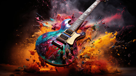 Electric guitar with colorful splashes and smoke on dark background. Music conceptの素材