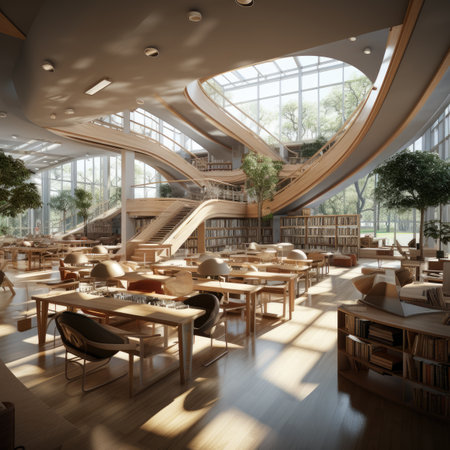 Interior of a modern library with wooden tables and chairs.の素材