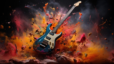Electric guitar on a background of colorful splashes of water and smokeの素材