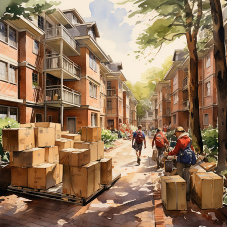 Street scene with people walking in the street and carrying boxesの素材