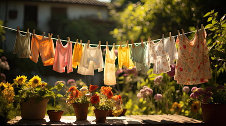 Laundry hanging on a clothesline with sunflowers in the backgroundの素材