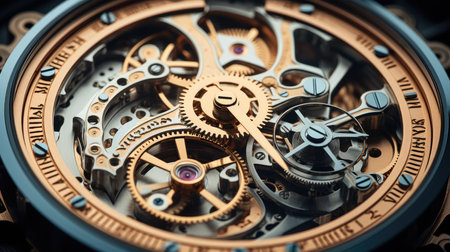 Closeup of watch mechanism with gears, closeup. Time management conceptの素材