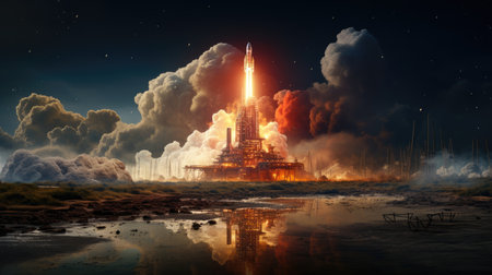 Spaceship taking off into the space.の素材