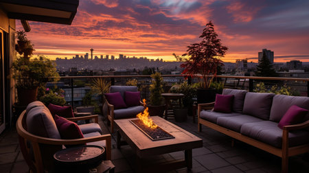 Beautiful sunset on the terrace of a restaurant with a view of the cityの素材