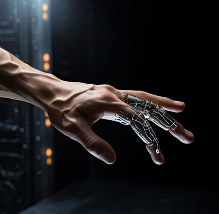Close-up image of human hand with robot arm on dark backgroundの素材