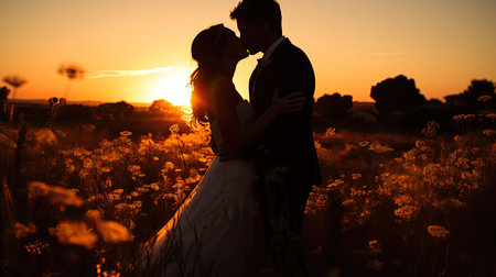 Wedding couple in the field at sunset. Bride and groom at sunsetの素材