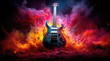Blue electric guitar in fire flames on dark background. Music concept.の素材