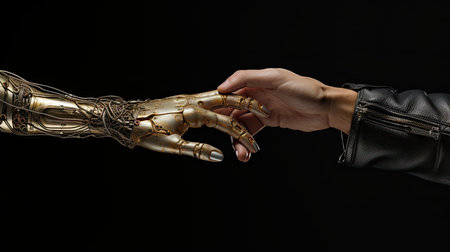 Close-up image of human hand touching robot arm on black backgroundの素材