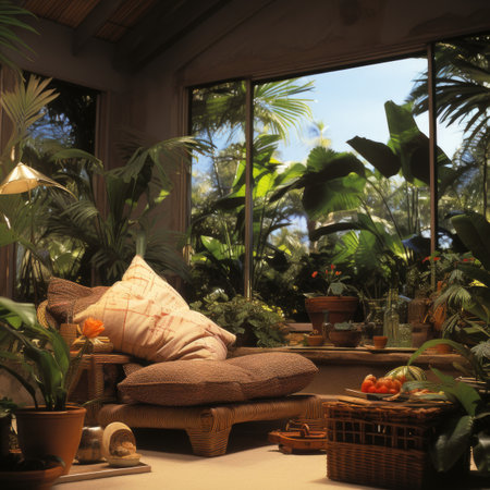 Interior of a tropical house with palm trees, plants and flowersの素材