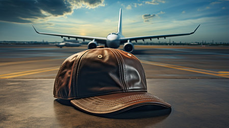 Baseball cap and airplane on the runway.の素材