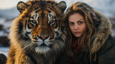 Beautiful young woman with a tiger on a winter snowy background.の素材