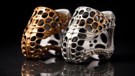 A pair of gold and silver bracelets on a black background.の素材