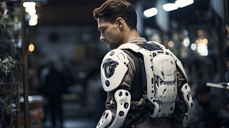 Side view of a male robot looking away while standing in a cafeの素材