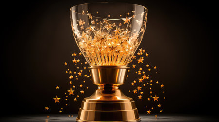 Golden trophy cup with golden stars on black background.の素材