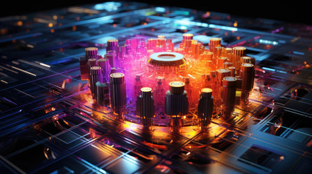 A futuristic city on a digital circuit board.の素材