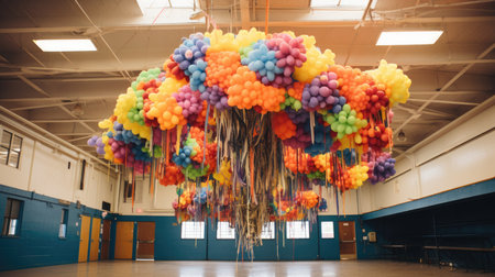 Colorful balloons hanging from a tree in a hall of a schoolの素材
