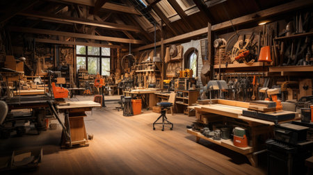 Vintage carpenters workshop with lots of tools and instruments.の素材