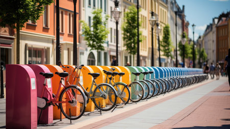 Bicycles parked in a row in the center of cityの素材