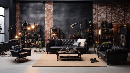 Interior of loft living room with black leather sofa and armchairの素材