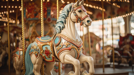 Carousel horse in the amusement park. Merry-go-roundの素材