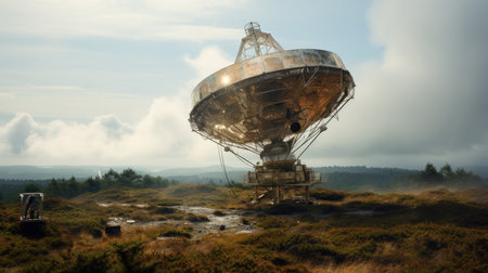 Abandoned radio telescope on the top of a hill in the mistの素材