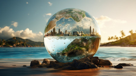 Global warming concept. Planet earth in the ocean.の素材