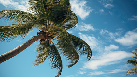 Coconut palm tree with blue sky and white clouds on background.の素材