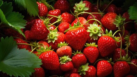 Strawberries with green leaves close-up. Background of fresh strawberries.の素材