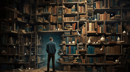 Man standing in front of a bookshelf full of old booksの素材