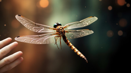 Beautiful dragonfly in hand on dark background.の素材